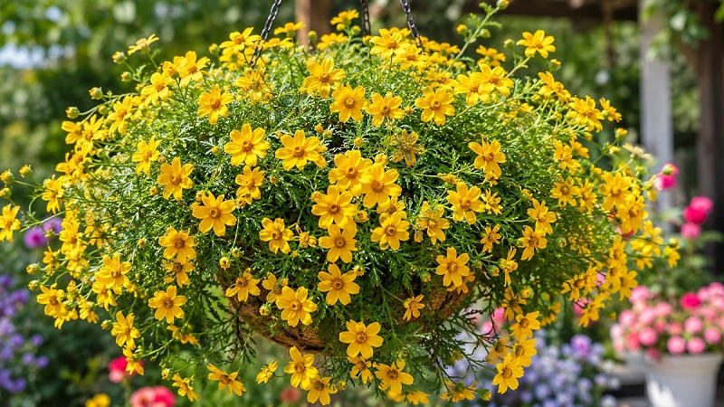 Healthy Bidens (Beggarticks) plants covered with bright golden-yellow flowers cascading from a hanging basket in a sunny garden