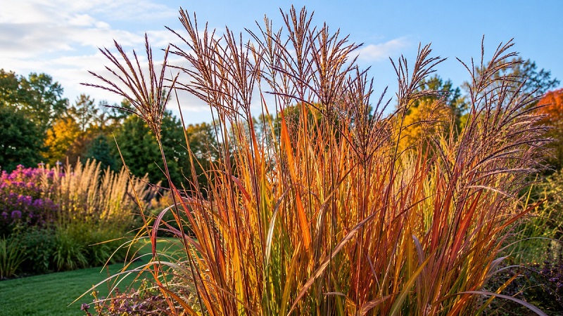 Tall, healthy Big Bluestem (Andropogon gerardii) native grass displaying vibrant autumn copper and purple foliage with characteristic turkeyfoot seed heads in a sunlit landscape garden.