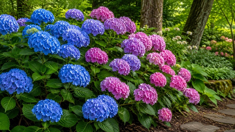 Healthy Bigleaf Hydrangea (Hydrangea macrophylla) shrub covered with large blue and pink flower clusters growing in a shaded garden with lush green foliage