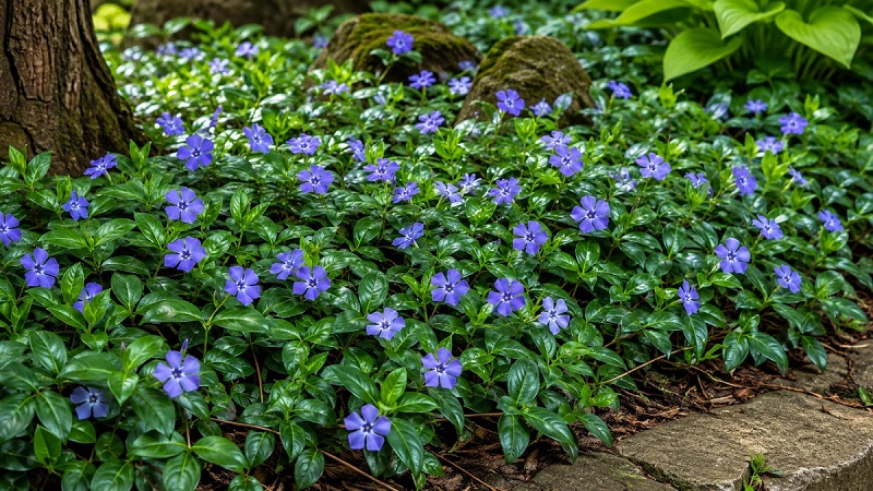 Healthy Bigleaf Periwinkle (Vinca major) with glossy green foliage and violet-blue flowers growing as a lush evergreen ground cover in a shaded garden