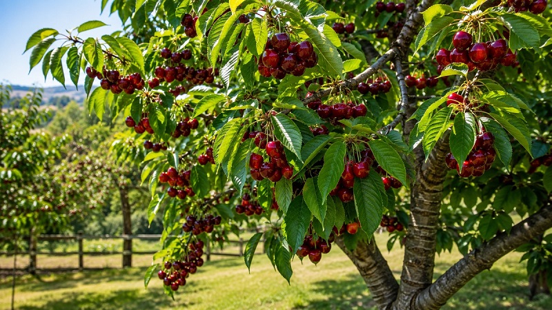 Healthy Bing cherry tree loaded with ripe deep red cherries growing in a sunny home orchard during summer