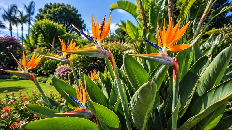 Healthy Bird of Paradise (Strelitzia) with large tropical leaves and vibrant orange and blue flowers growing in a bright sunny garden