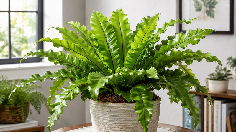Healthy Bird’s Nest Fern (Asplenium nidus) with lush green wavy fronds growing in a bright indoor setting
