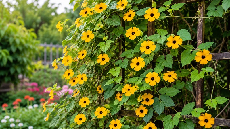 Black-Eyed Susan Vine (Thunbergia alata) with bright yellow flowers and dark centers climbing a garden trellis