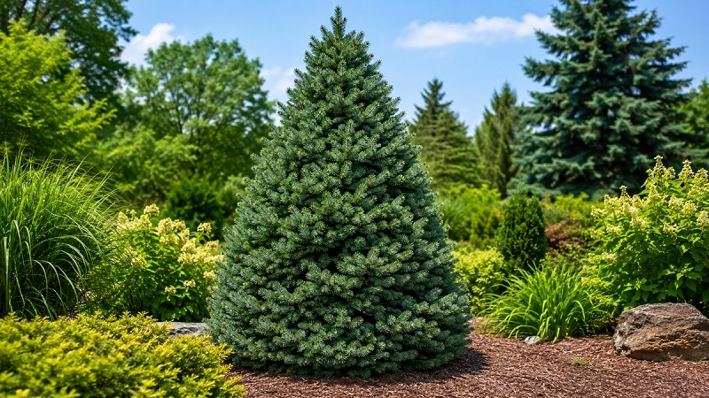 Healthy Black Hills Spruce (Picea glauca var. densata) with dense blue-green evergreen foliage and a naturally pyramidal shape growing in a sunny garden landscape