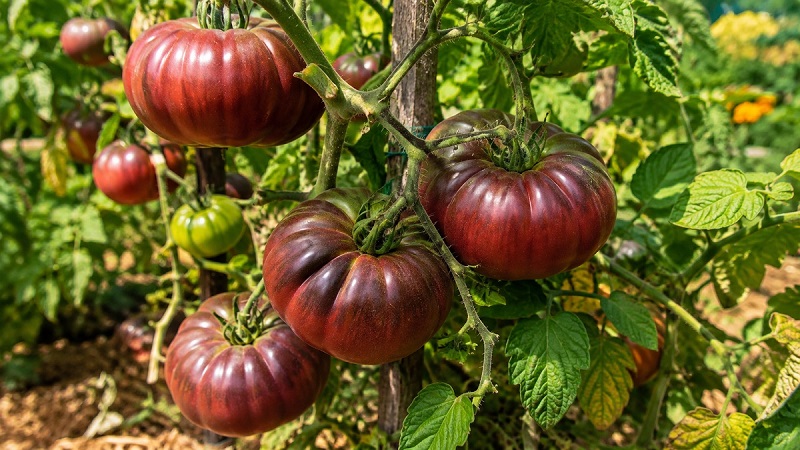 Healthy Black Krim tomato plant with large dark reddish-purple heirloom tomatoes growing in a sunny garden
