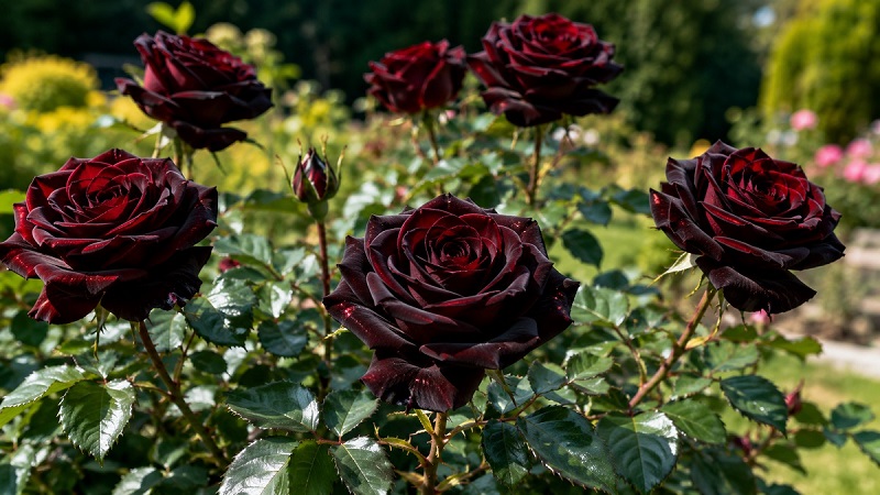 Black Magic Rose with velvety dark red flowers and glossy green foliage growing in a sunny garden