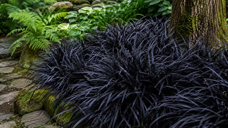 Healthy Black Mondo Grass (Ophiopogon planiscapus 'Nigrescens') with dramatic dark purple-black foliage growing as an ornamental ground cover in a shaded garden
