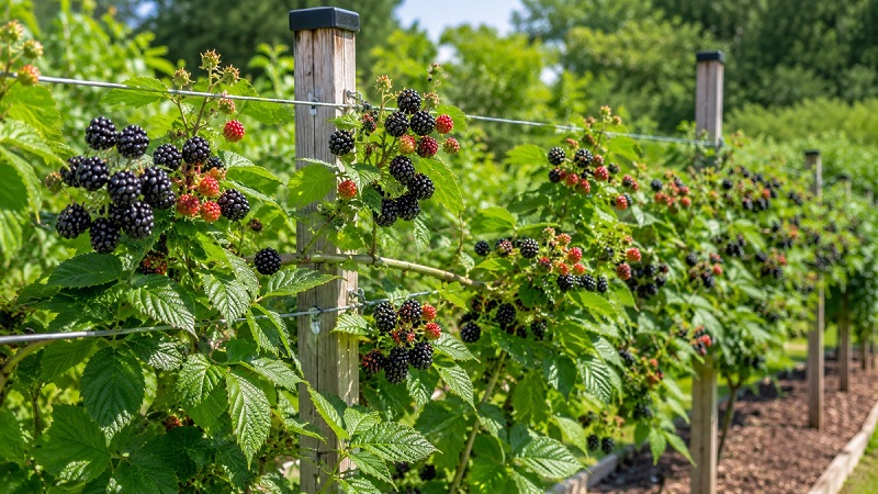Healthy blackberry plants with ripe dark berries growing on supported canes in a sunny garden