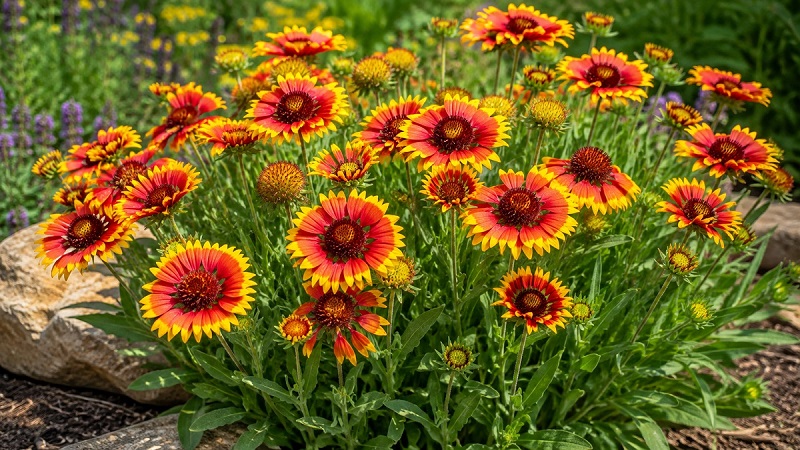 Healthy Blanket Flower (Gaillardia) with vibrant red, orange, and yellow daisy-like blooms growing in a sunny garden border