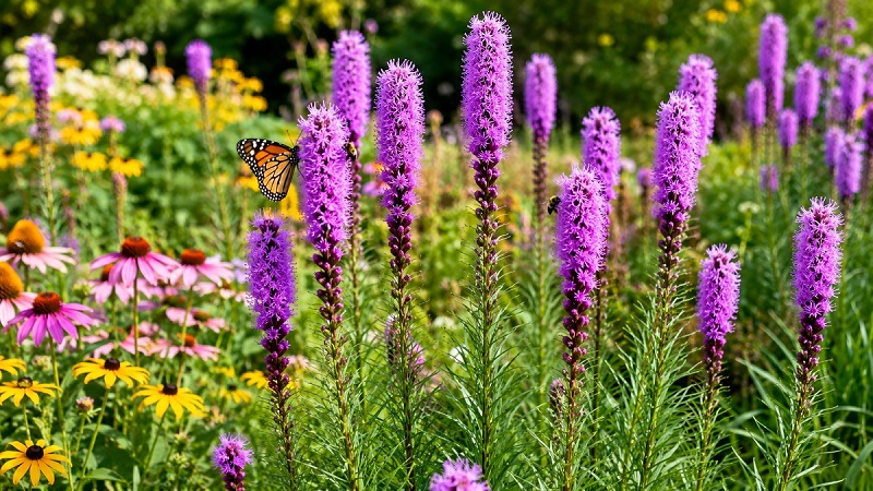 Healthy Blazing Star (Liatris spicata) with tall purple flower spikes blooming in a sunny pollinator garden attracting butterflies and bees