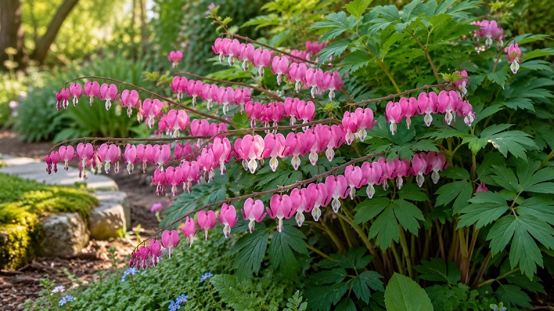 Bleeding Heart (Lamprocapnos spectabilis) with pink and white heart-shaped flowers blooming in a shaded garden