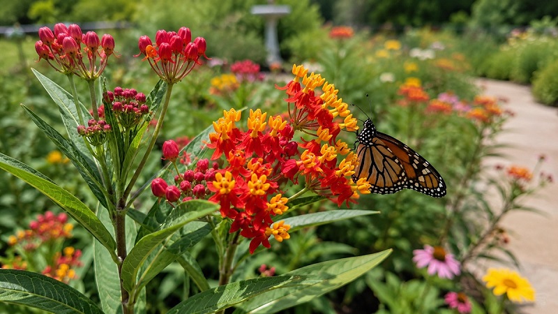 Blood Flower (Asclepias curassavica) with red and yellow flowers blooming in a sunny butterfly garden