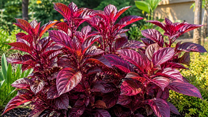 Blood Leaf Plant (Iresine herbstii) with vibrant burgundy and red foliage growing in a sunny garden