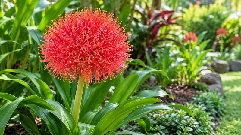 Blood Lily (Scadoxus multiflorus) with a large spherical red flower head blooming in a lush garden