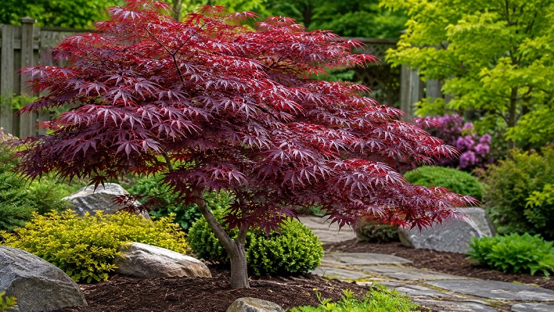 Bloodgood Japanese Maple (Acer palmatum 'Bloodgood') with deep burgundy-red foliage growing in a landscaped garden