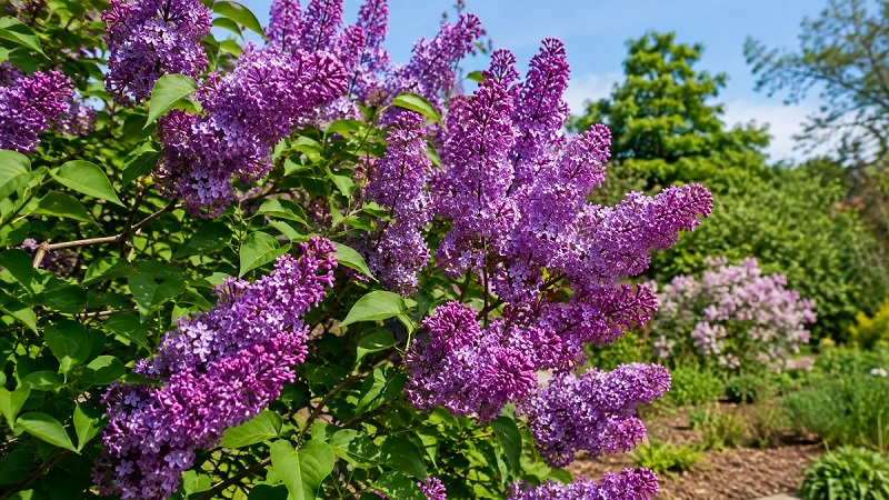 Bloomerang Lilac with fragrant purple and lavender flowers blooming in a sunny garden
