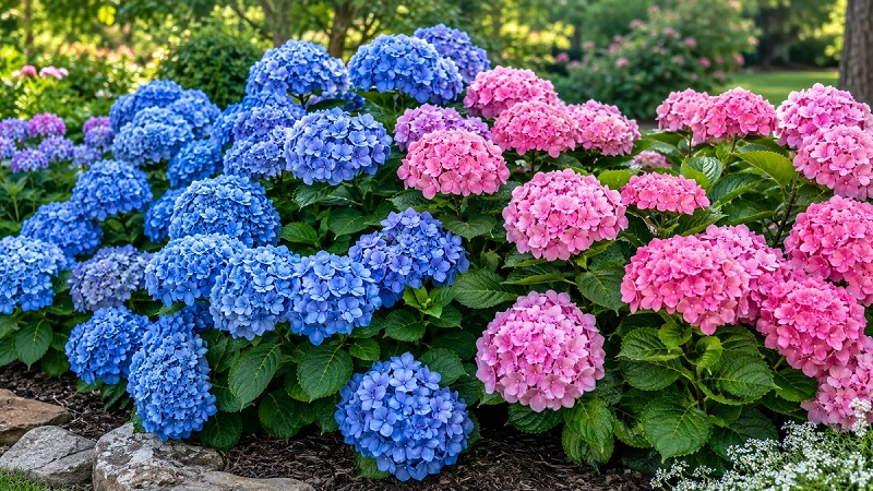 BloomStruck Hydrangea with large pink and purple mophead flowers blooming in a garden