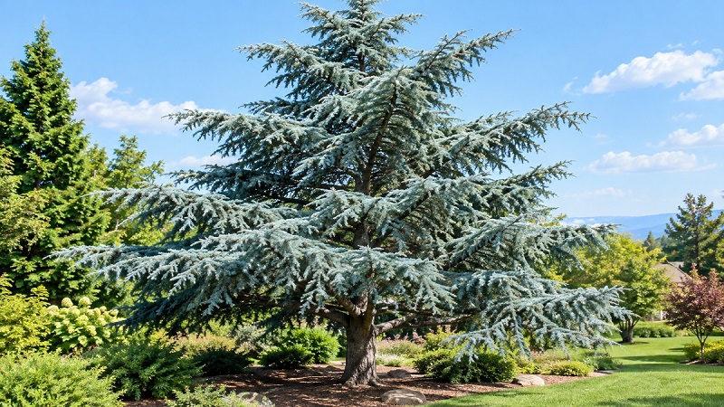 Blue Atlas Cedar with silvery blue foliage and broad branches growing in a sunny landscape