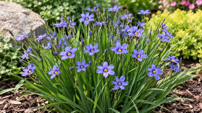 Blue-Eyed Grass (Sisyrinchium angustifolium) with violet-blue flowers and narrow grass-like foliage growing in a garden
