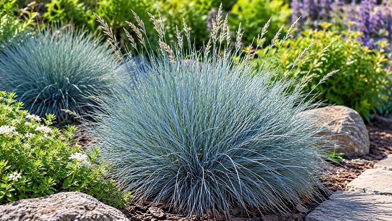 Blue Fescue Grass with blue-gray foliage growing in a sunny garden