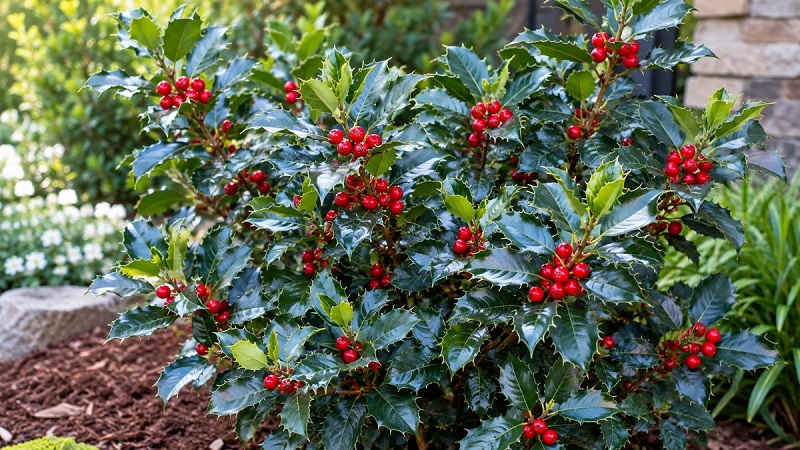 'Blue Princess' Holly with glossy blue-green foliage and bright red berries growing in a garden