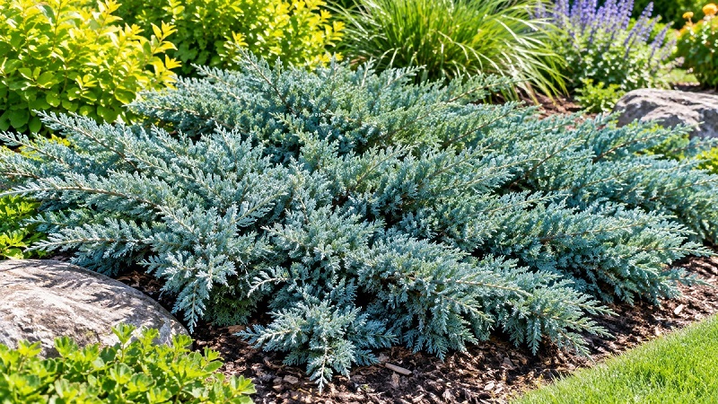 Blue Rug Juniper with silver-blue evergreen foliage spreading across a sunny garden