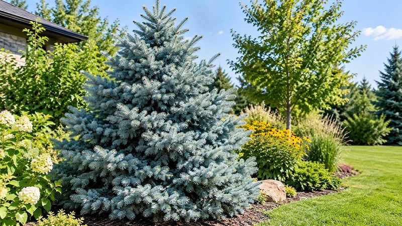 Blue Spruce (Picea pungens) with silvery-blue evergreen foliage growing in a sunny garden