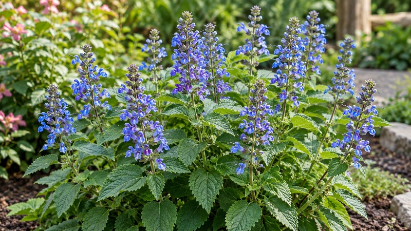 Blue Spur Flower (Plectranthus barbatus) with blue flower spikes and aromatic green foliage growing in a garden