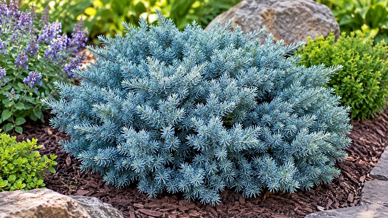 Blue Star Juniper (Juniperus squamata 'Blue Star') with compact, rounded growth and silvery blue evergreen foliage in a garden
