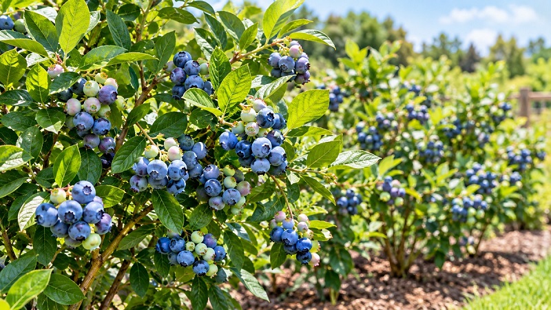 Blueberry bushes with clusters of ripe blue berries and green foliage growing in a sunny garden