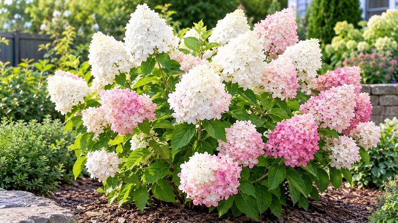 Bobo Hydrangea (Hydrangea paniculata 'Ilvobo') with abundant white cone-shaped flowers aging to pink in a garden