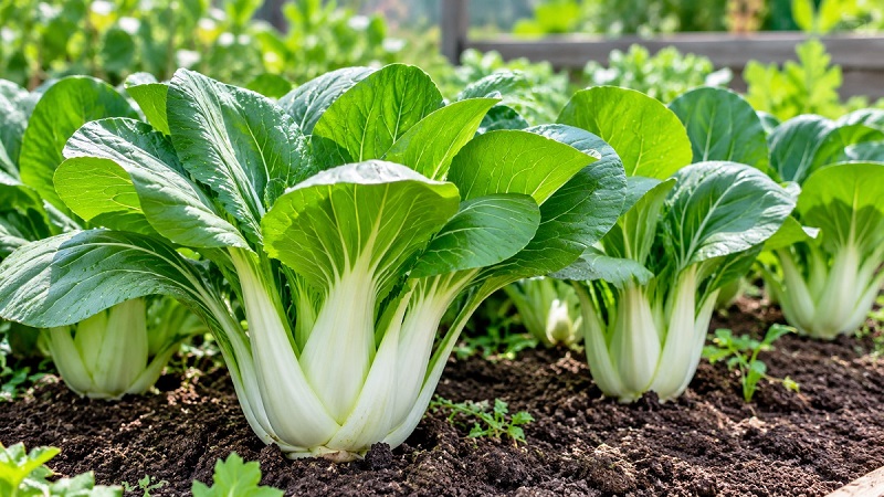 Bok choy plants growing with crisp green leaves and white stalks in a garden