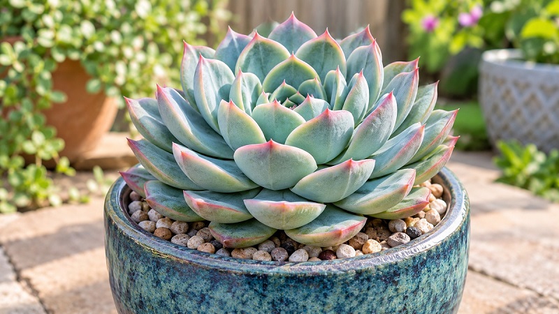 Echeveria succulent with fleshy leaves forming a compact rosette in a container