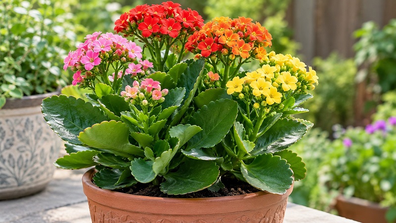 Kalanchoe plant with thick green leaves and colorful flowers growing in a container
