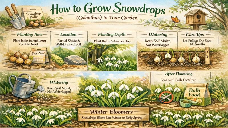 White snowdrop flowers (Galanthus) blooming in late winter garden soil