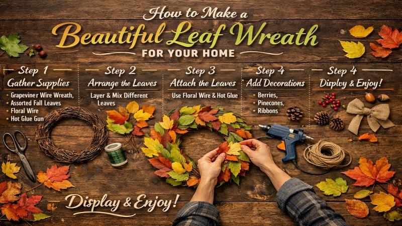 Handmade leaf wreath with seasonal leaves and decorative elements