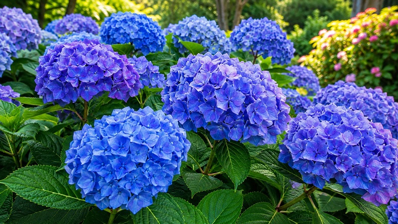 BloomStruck Hydrangea with large blue and purple-blue mophead flowers blooming in a garden
