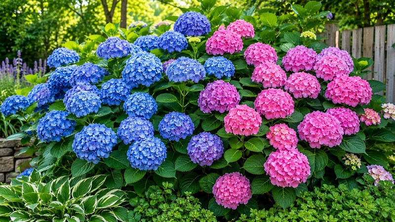 BloomStruck Hydrangea with blue and pink flowers growing in a garden with healthy green foliage