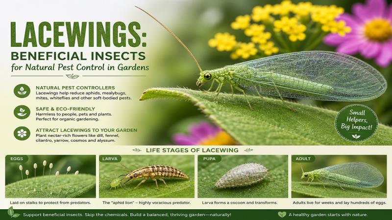 Green lacewing insect controlling pests on garden leaf