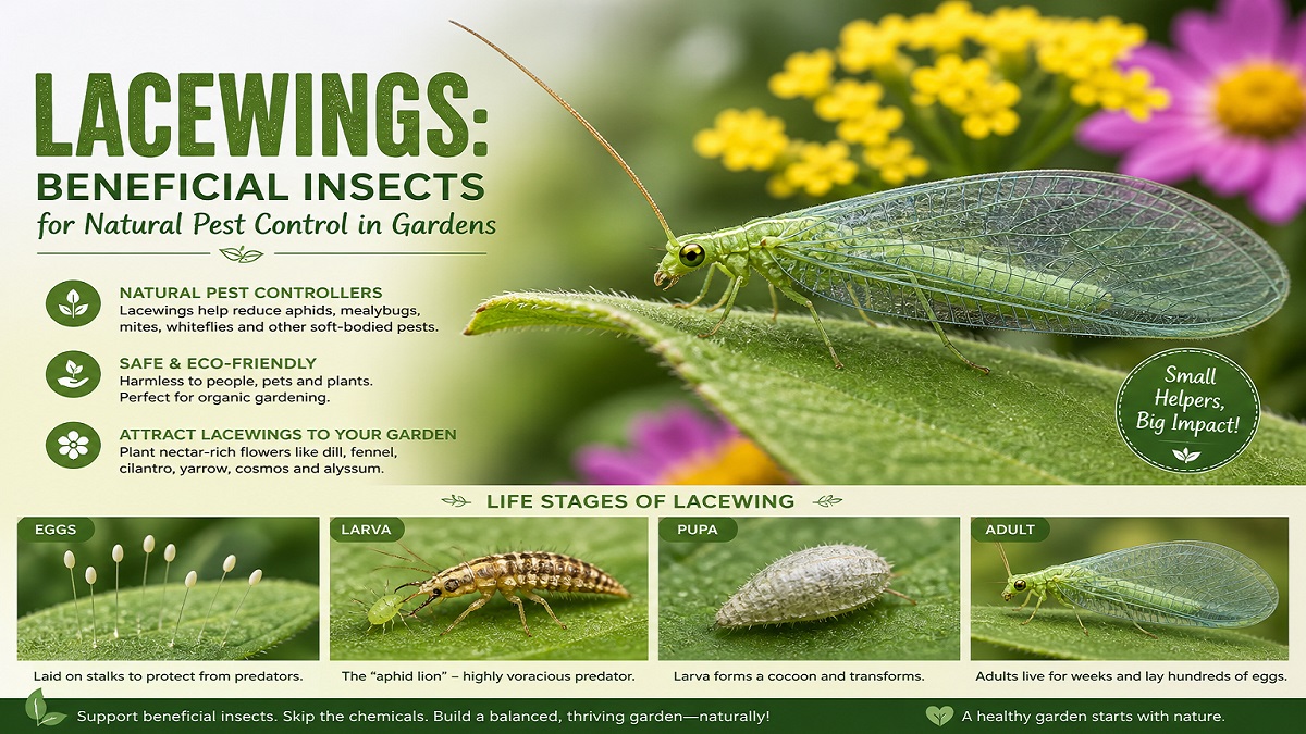 Green lacewing insect controlling pests on garden leaf