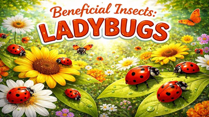 Ladybugs on plant leaves eating aphids in a garden for natural pest control