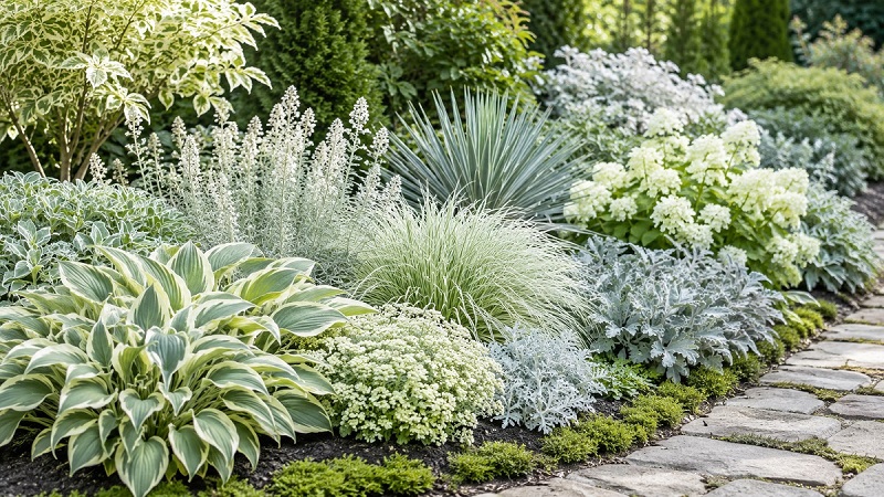 Lighter-colored garden plants with silver, white, pale green, cream, and blue-green foliage in a bright landscaped garden
