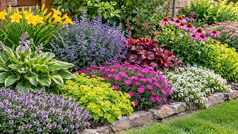 Low-growing perennials with colorful flowers and foliage covering the front of a garden border