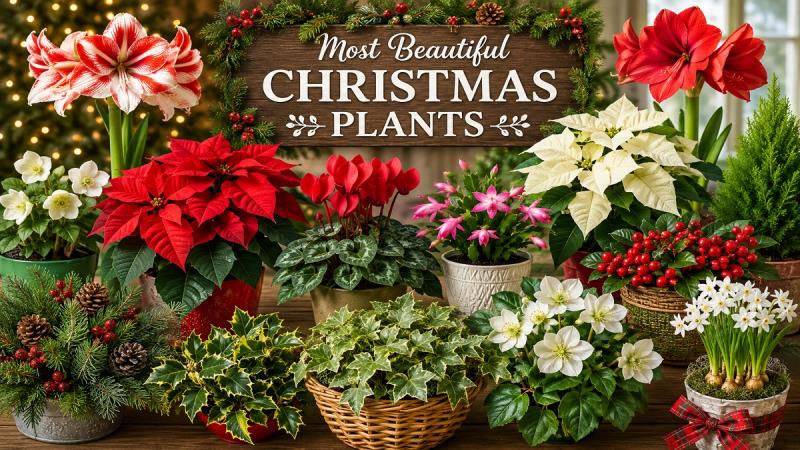 Collection of beautiful Christmas plants including poinsettia, holly, amaryllis, Christmas cactus, and festive winter greenery