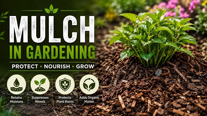 Organic mulch applied around garden plants to improve soil moisture, suppress weeds, and protect plant roots