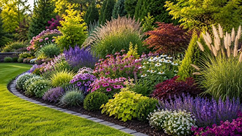 Beautiful ornamental garden bed with colorful flowering perennials, ornamental grasses, shrubs, and neatly edged landscape borders