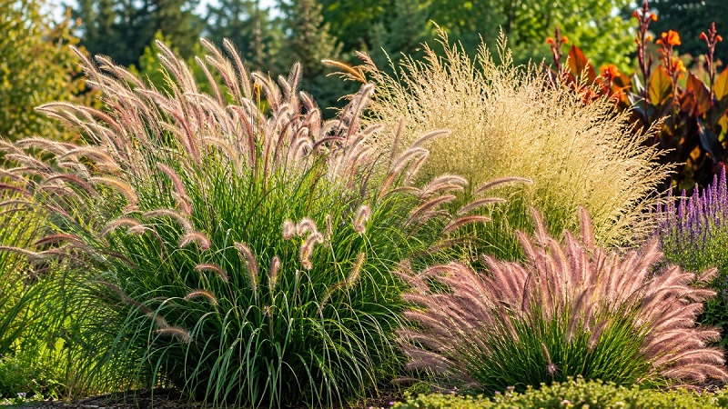 Vibrant ornamental grasses with feather-like seed plumes swaying in a sunny garden bed