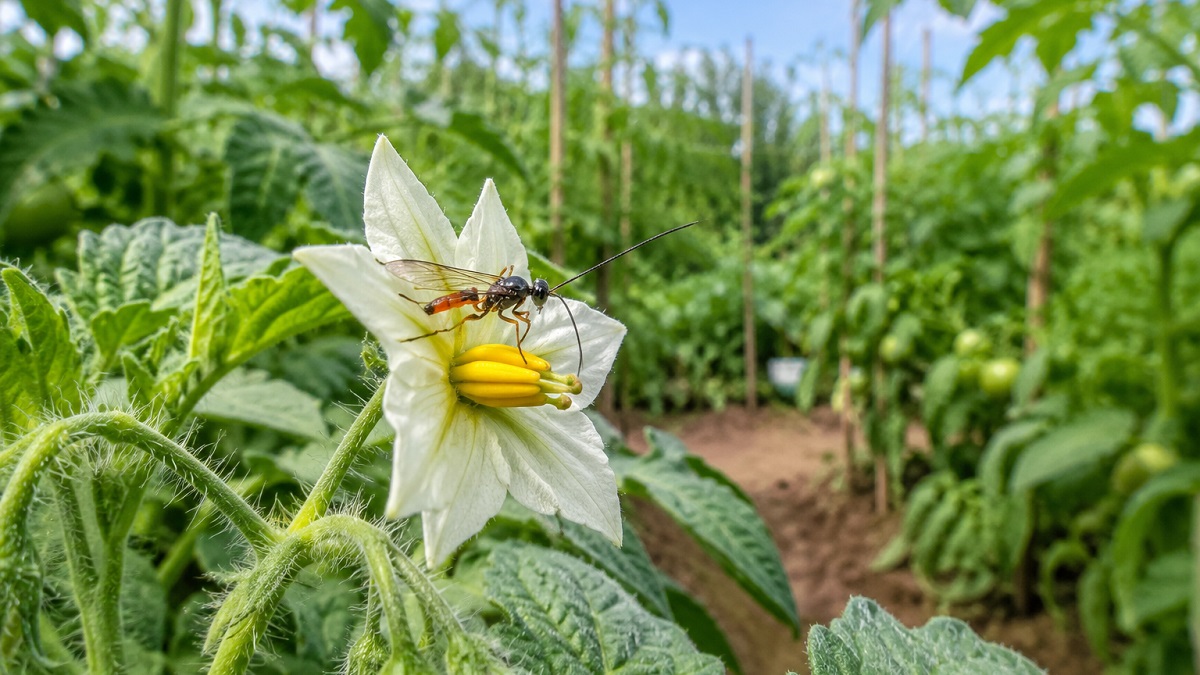 Parasitic wasp resting on a flower in a vegetable garden