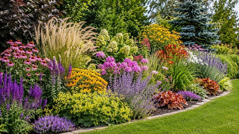Colorful perennial border filled with flowering perennials, ornamental grasses, and foliage plants creating seasonal interest in a landscaped garden